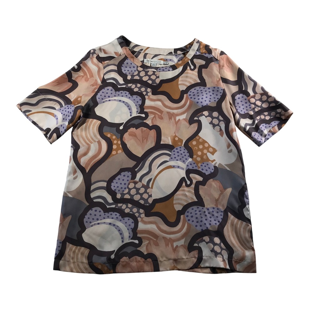 See By Chloe 100% Silk Abstract Graphic Print Short Sleeve Blouse Size 8